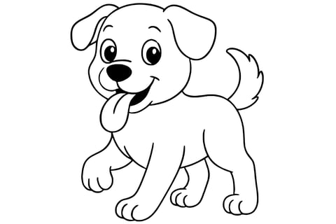 Dog with floppy ears, big eyes, a wagging tail, and its tongue sticking out while walking.