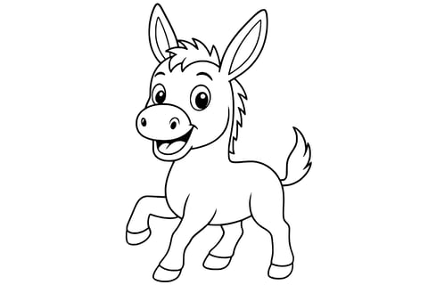 Donkey with long ears, four legs, a short mane, and a fluffy tail.