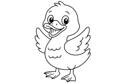 Duck with a wide beak, open wings, two webbed feet, and a joyful expression.