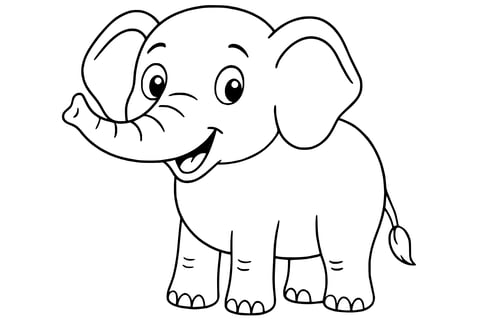 Elephant with large ears, a raised trunk, four legs, and a small tail with a tuft.