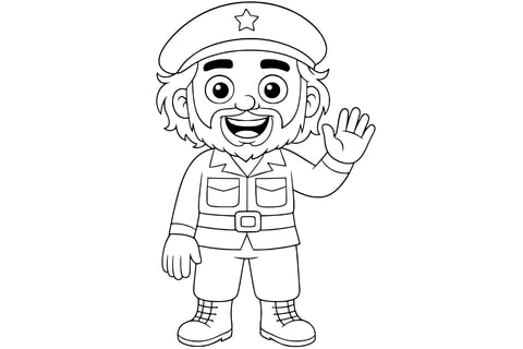Ernesto Che Guevara smiling with a beard and waving, wearing a star beret, military shirt, belt, and boots.