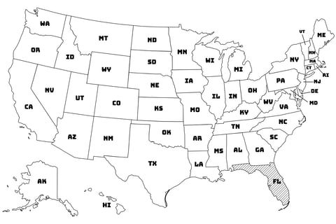 Map of the United States with Florida highlighted using diagonal shading.