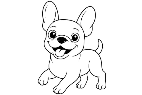 French Bulldog with big ears, wide eyes, a wagging tail, and its tongue sticking out.