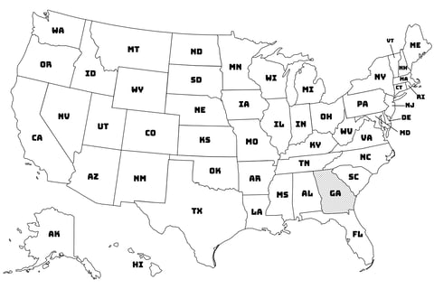 Map of the United States with Georgia highlighted using diagonal shading.