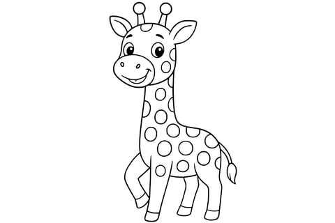 Giraffe with long legs, a short tail, round spots, and antenna-like ossicones.
