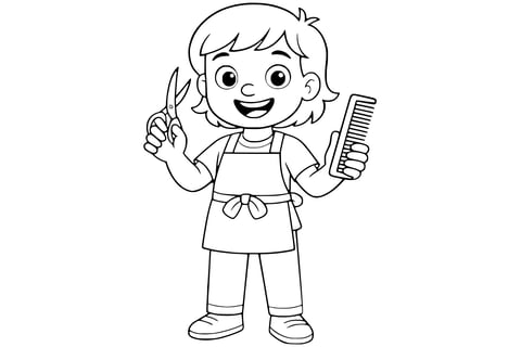 Smiling hairdresser wearing an apron, holding a pair of scissors in one hand and a comb in the other.