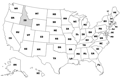 Map of the United States with Idaho highlighted using diagonal shading.