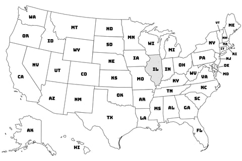 Map of the United States with Illinois highlighted using diagonal shading.