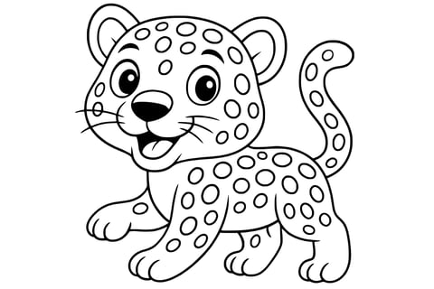 Jaguar with big eyes, a smiling mouth, round spots on its body, and a long curved tail.