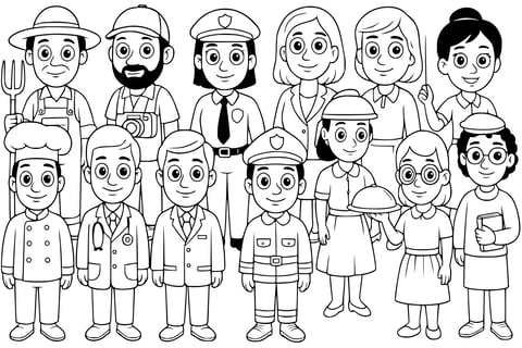 Cute job-themed coloring page for kids: farmer, photographer, police officer, doctor, firefighter, chef, teacher, waiter, and more, all drawn with big open eyes and cartoon style on a white background.