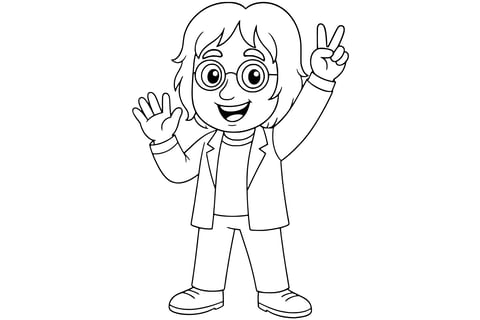John Lennon smiling with round glasses, raising one hand in a peace sign and the other in a wave, wearing a jacket and pants.