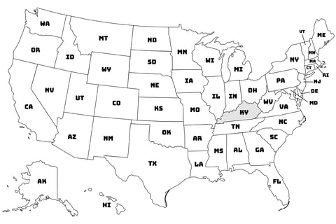 Map of the United States with Kentucky highlighted using diagonal shading.