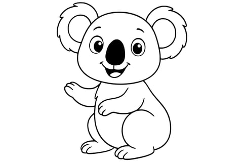 Koala with large round ears, a big nose, and waving one arm while sitting.
