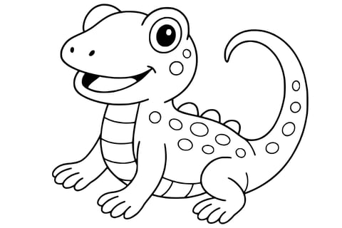 Lizard with big eyes, a wide smile, four legs with toes, a long curled tail, and spots along its back.
