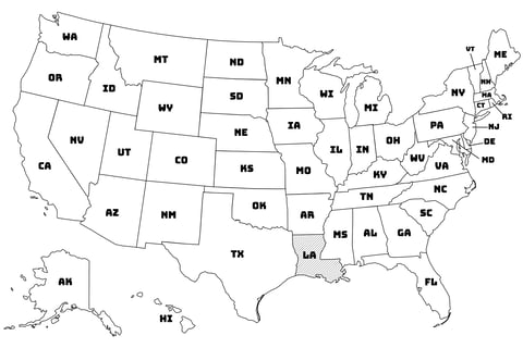 Map of the United States with Louisiana highlighted using diagonal shading.