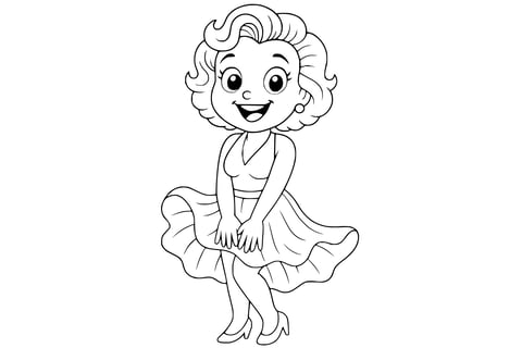 Marilyn Monroe smiling with short curly hair, wearing a flowing dress and high heels, holding down her skirt with both hands.