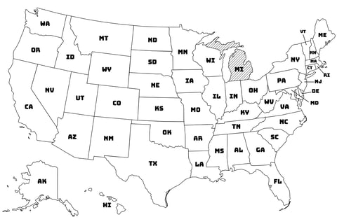 Map of the United States with Michigan highlighted using diagonal shading.