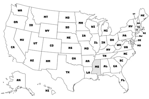 Map of the United States with Mississippi highlighted using diagonal shading.