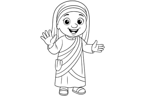 Mother Teresa smiling and waving with one hand while the other is open, wearing a robe with a head covering and sandals.