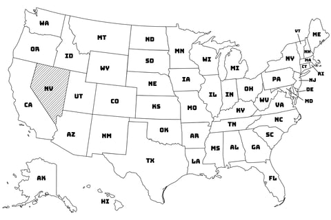 Map of the United States with Nevada highlighted using diagonal shading.