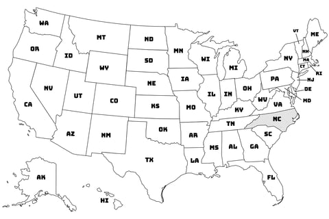 Map of the United States with North Carolina highlighted using diagonal shading.