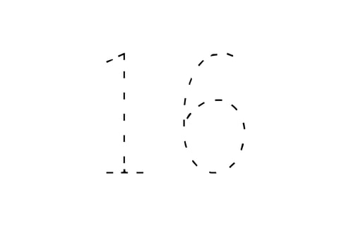 Large dotted outline of the number 16 in the center on a white background.