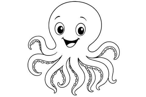 Octopus with big eyes, a wide smile, and eight curved arms with visible suction cups.