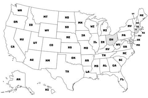 Map of the United States with Ohio highlighted using diagonal shading.
