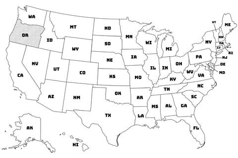 Map of the United States with Oregon highlighted using diagonal shading.