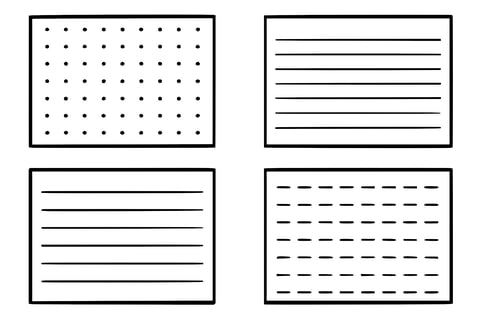 Four blank paper templates arranged in a 2x2 grid, including dotted paper, lined paper, and dashed paper, drawn in black and white cartoon style.
