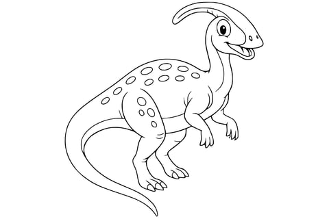 Parasaurolophus Dinosaur with four legs, a long tail, small arms, and a curved crest on its head.