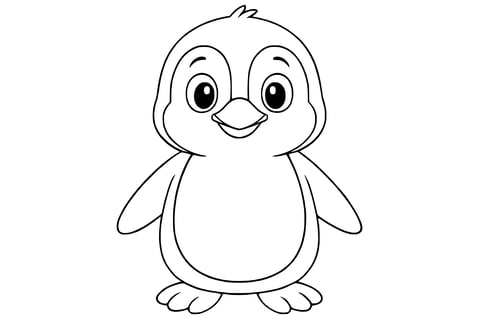 Penguin with big eyes, flippers raised, and webbed feet in a dancing pose.