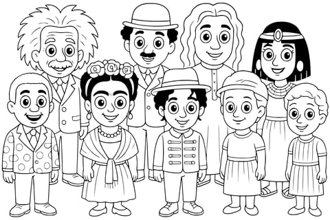 Cute public figures coloring page for kids: Cleopatra, Isaac Newton, Charlie Chaplin, Albert Einstein, Frida Kahlo, and Nelson Mandela with big open eyes, cartoon style, plain white background.