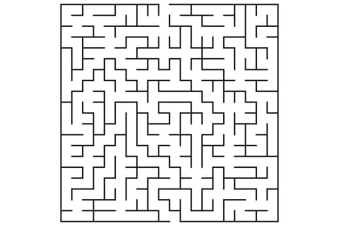 Rectangular maze in black and white with straight walls and a highlighted orange path.