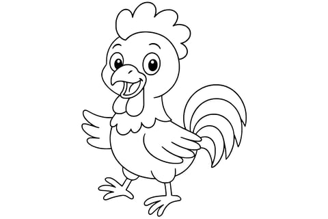 Rooster with a comb on its head, curved tail feathers, wings, beak, and two feet.
