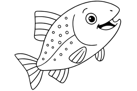 Salmon with fins, a large tail, and dotted patterns on its body.