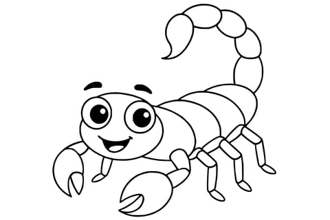 Scorpion with big eyes, curved tail, two pincers, and eight legs.