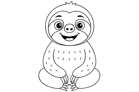 Sloth sitting with big eyes, a round face, long arms, and curved claws.