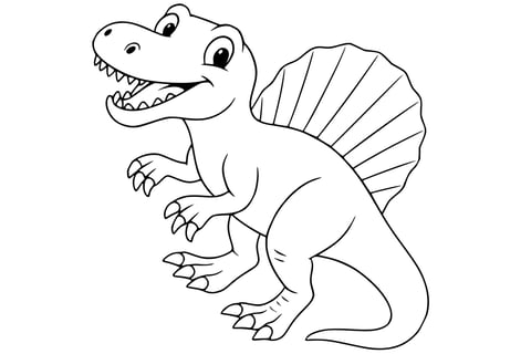 Spinosaurus Dinosaur with a sail-like back fin, two legs, short arms with claws, and a long tail.