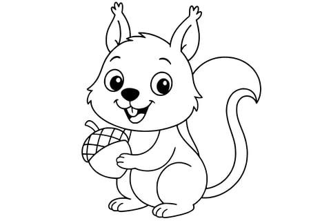 Squirrel with big eyes, fluffy tail, pointy ears, and holding an acorn.