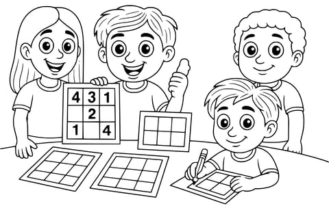 Cute sudoku activity for kids: four children with big open eyes happily working on sudoku grids at a table, drawn in clean black and white cartoon style on a white background.