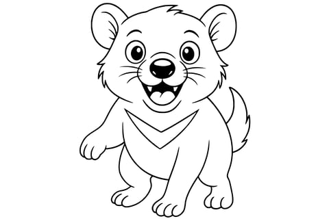 Tasmanian devil with big eyes, a wide open mouth showing teeth, a furry body, and a short tail.