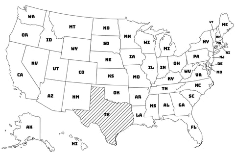 Map of the United States with Texas highlighted using diagonal shading.