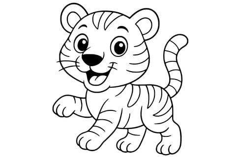 Tiger with stripes, round ears, long tail, and raised paw.