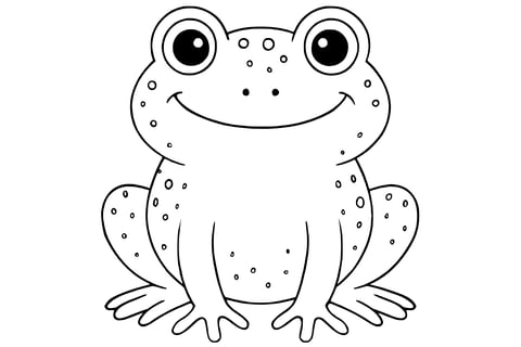 Toad with big round eyes, wide mouth, four legs, and spots on its body.