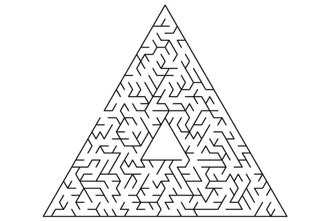 Triangular maze in black and white with angled corridors and an orange solution line.