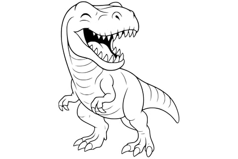 T-Rex Dinosaur with sharp teeth, two legs, small arms, a big head, and a long tail.
