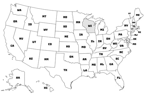 Map of the United States with Wisconsin highlighted using diagonal shading.